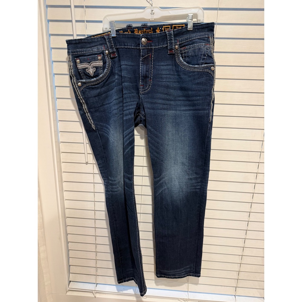 Rock Revival Brad Straight Mens Dark Wash Embroidered Jeans Size 38 EP2308J203R
